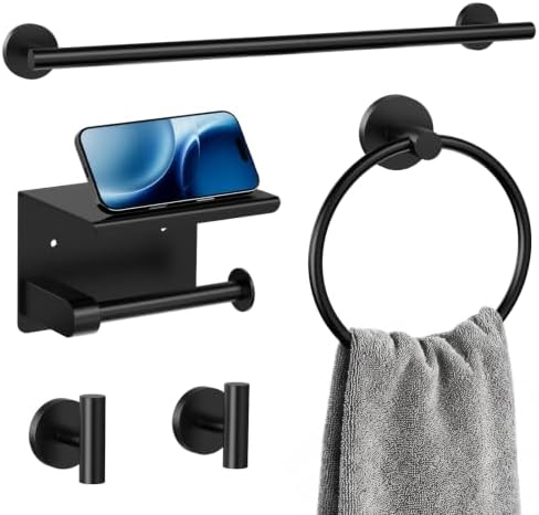 5-Piece Matte Black Bathroom Towel Bar Set,24" Bathroom Hardware Kit
