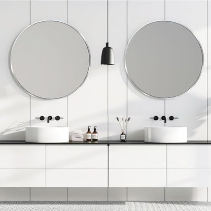 24 inch Silver Circle Mirror, Round Mirror, Brushed Nickel, Chrome