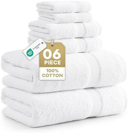 LANE LINEN Bath Towel Set 100% Cotton 6 Piece Soft Absorbent - White