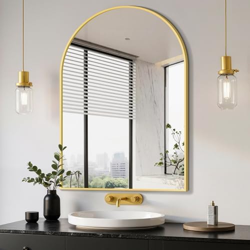 Delma Arched Bathroom Mirror, 26"x38", Gold