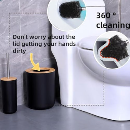 Matte Black Bathroom Accessories Set 9PCS,Bamboo Bathroom Accessories Sets Complete with Trash Can,Soap Dispenser and Toothbrush Holder Set,Toilet Brush,Qtip Holder,Vanity Tray,Soap Dish