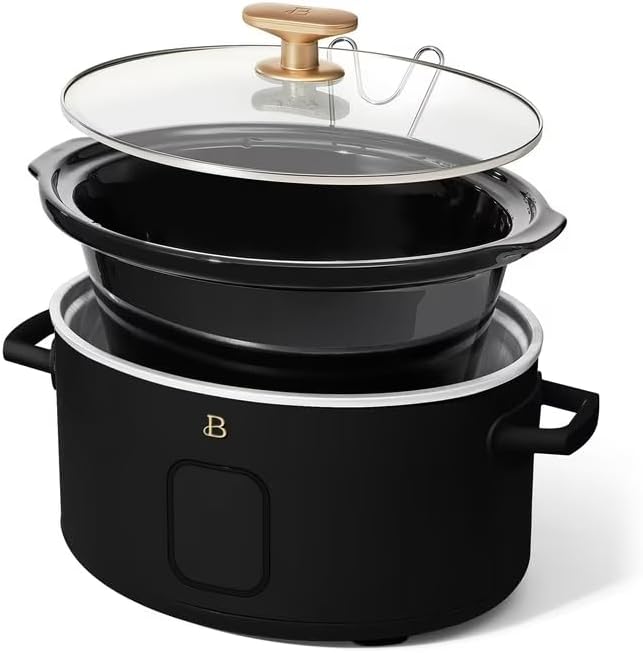 B 6 Qt Programmable Slow Cooker with Digital Timer, 5 Cooking Functions, Removable Ceramic Pot, Tempered Glass Lid, Dishwasher Safe (Black Sesame)