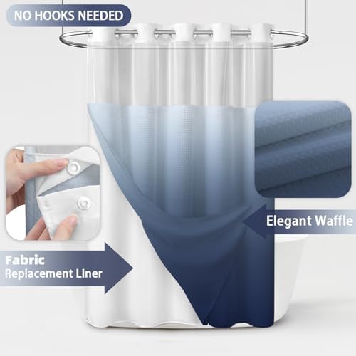 No Hook Shower Curtain with Liner Set Hotel Waffle Ombre Blue 72W X 75L