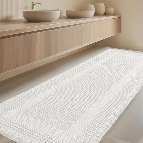 IM HOME Extra Large Waffle Bath Mat, Boho Bathroom Rugs Absorbent Non Slip, Ultra Soft Bathroom Mat, Machine Washable Knit Bath Rugs with Tassels for Bathroom, Bedroom, Kitchen, Shower, 6'x2', White