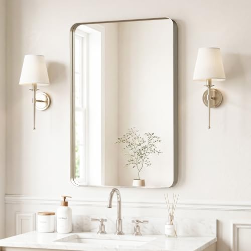 Kosmonia 30"x20" Bathroom Mirror, Large Brushed Nickel Vanity Mirror