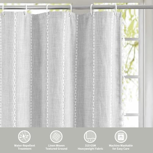 Farmhouse Tassel Linen Shower Curtain,3D Embroidery Stripe Light Grey,72x72