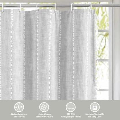 Farmhouse Tassel Linen Shower Curtain,3D Embroidery Stripe Light Grey,72x96