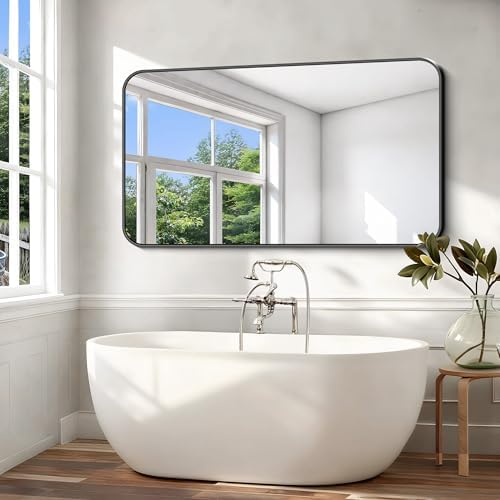 Black Bathroom Mirror, 66x36 inch Aluminum Metal Frame Rectangular Vanity Mirror, Large Wall Mounted Rectangle Mirrors with Rounded Corner for Over Sink Bedroom Living Room Horizontal/Vertical