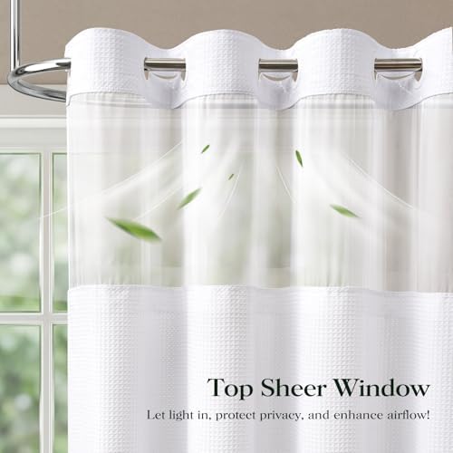Dynamene White Hook Free Waffle Shower Curtain & Snap-in Fabric Liner,48x75