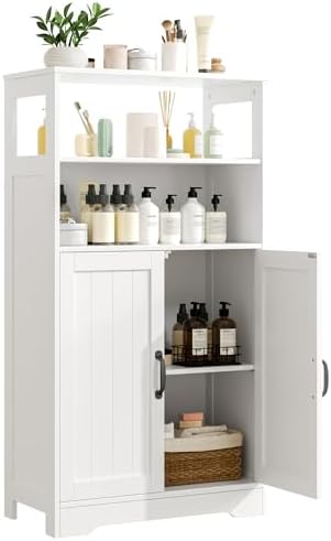 GRUSIGN 43.3" H Bathroom Storage Cabinet with Doors, Freestanding Small Bathroom Cabinet Organizer, Farmhouse Cupboard, Adjustable Shelves, for Laundry Room, Kitchen, Living Room, White