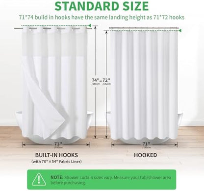 eachope No Hooks Needed Linen Textured Shower Curtain with Snap-in Fabric Liner Set,White Hotel Luxury Decor Shower Curtains for Bathroom with Mesh Top Window,Waterproof & Washable,71Wx74H