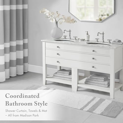 Madison Park Reversible Spa Cotton Bath Rug 100%-Cotton Striped Ultra Soft Water Absorbent, Fast Drying, Bath-Mats, Non-Slip Absorbent Quick Dry Mats for Tub, Shower Room, and Bathroom, 24x72, Grey
