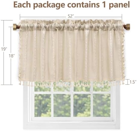 Seenus Boho Farmhouse Linen Valance Curtain, 52x18 inch Soft Light Filtering & Privacy Window Valance with Tassels for Living Room Kitchen Bathroom, Rod Pocket, Beige Cream