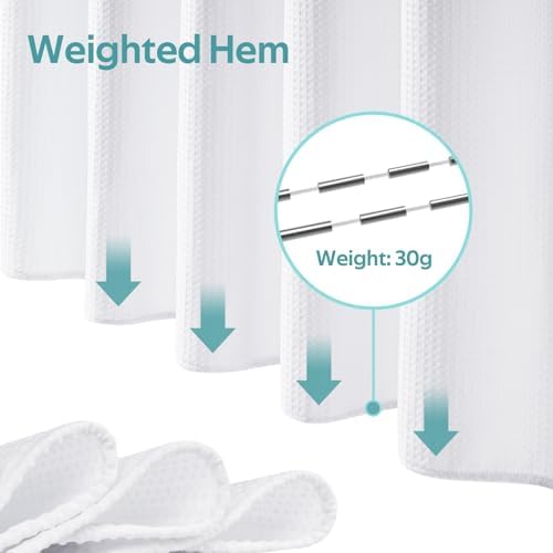 Vipfree 3 in 1 Shower Curtain Set, Waffle Shower Curtain and Liner Set with 12 Double Sided Shower Curtain Hooks, 258GSM Luxury Weighted Cloth Shower Curtains for Bathroom, 72 W x 84 H, White