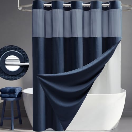 Dynamene Navy Blue Hook Free Waffle Shower Curtain & Snap-in Liner,72x81
