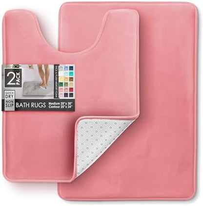 Clara Clark 2 Piece Bathroom Rugs, Velvet Memory Foam Bath Mat Set, Non-Slip Bath Rugs, Machine Wash, Dries Quickly, Ultra Soft Plush Bath Mats for Bathroom, 20 x 32 + Contour, Coral Pink