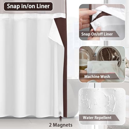 No Hook Shower Curtain with Liner Set Hotel Waffle Curtain Brown 72W X 75L
