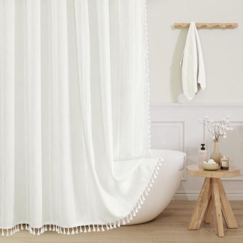 Boho Farmhouse Tassel Linen Shower Curtain,3D Embroidery Stripe Ivory,72x72