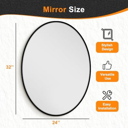 Delma 32x24 Black Oval Bathroom Mirror for Over Sink, Aluminum Frame