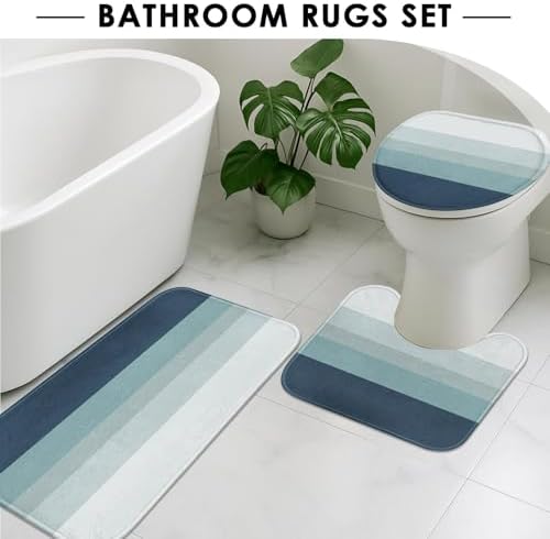 Bathroom Sets with Shower Curtain and Rugs, 4 Pcs, Striped Ombre