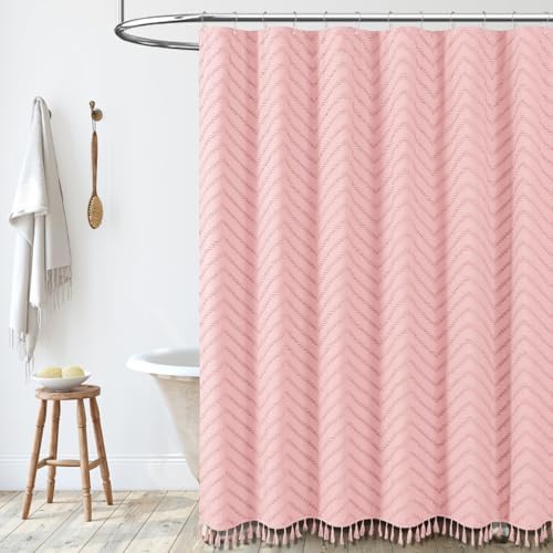 Dynamene Extra Long Boho Shower Curtain Tufted Chevron 72"x96" Pink