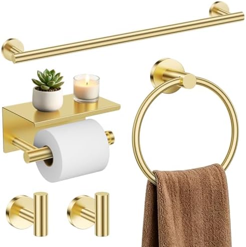TURS Brushed Gold 5-Piece Bathroom Hardware Set Towel Bar Set SUS304 Stainless Steel Towel Racks for Bathroom Wall Mounted, 23.6-Inch