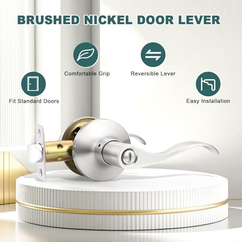 GOBEKOR 10 Pack Privacy Door Levers Bedroom Door Handle with Lock Satin Nickel Interior Door Handles Keyless Door Lock Wave Bed/Bath Lever