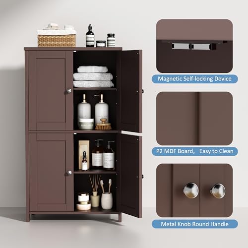 Shintenchi Bathroom Storage Cabinet with Doors and Shelves, Floor Cabinets for Washroom Furniture, Laundry Room, Organization with Adjustable Shelf, Brown