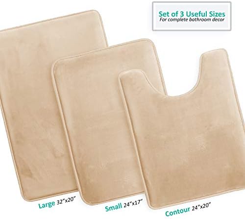 Clara Clark 3 Piece Bathroom Rugs Bath Mat Set, Velvet Memory Foam Bath Mats for Bathroom - Non-Slip, PVC Backing Bath Rugs, Washable - Dries Quickly, Beige