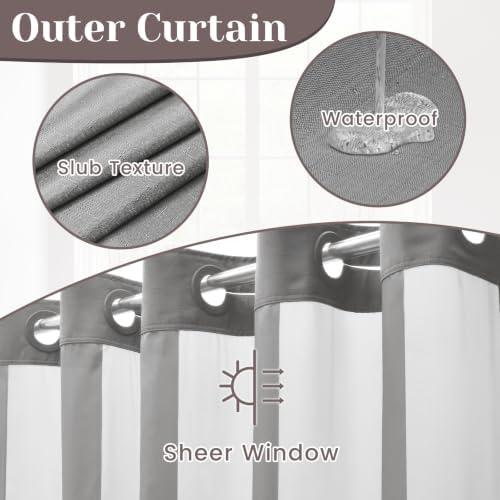 SORTTO No Hook Slub Shower Curtain with Liner, 48x74, Grey