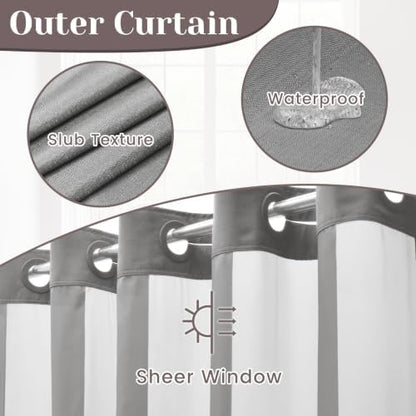 SORTTO No Hook Slub Shower Curtain with Liner, 71x80, Grey