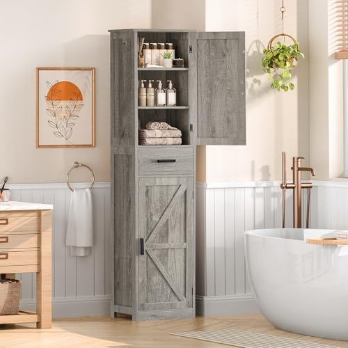TEENFON Tall Bathroom Cabinet, Storage Cabinet with 6 Shelves & Drawer