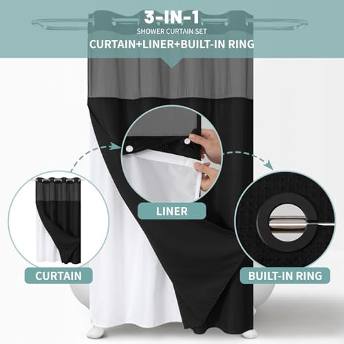 eachope No Hook Waffle Shower Curtain with Snap-in Liner, 54x80 Inch, Black