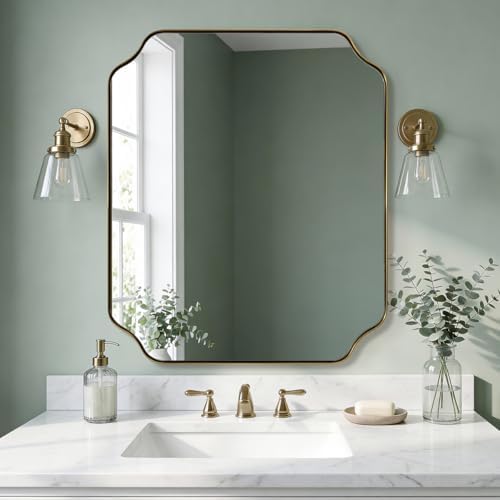 ANDY STAR 30"x36" Gold Bathroom Mirror, Brushed Brass Rectangle Mirror for Bathroom, Scalloped Vanity Mirror in Anti-Rust Stainless Steel Metal Thin Frame, Wall Mount Vertical or Horizontal