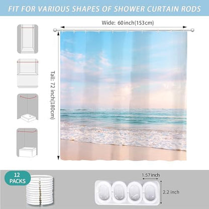 Ocean Beach Coastal Seaside Shower Curtain for Bathroom 60W*72H Inch Nautical Summer Seacoast Beachy Waves Bathtub Decor Seascape Nature Waterproof Polyester Fabric Set with 12 Hooks(10 Holes)