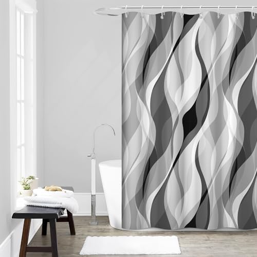 Grey Striped Shower Curtain with Hooks for Bathroom 54x72 Inch