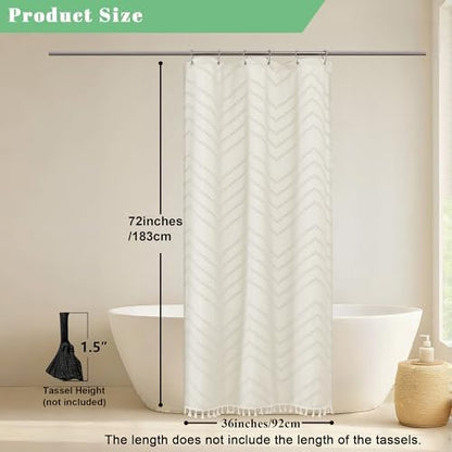 OWENIE Small Boho Stall Shower Curtain, Beige Fabric Cloth Stall Shower Curtain 36 x 72 Half Size with Tassel Tufted Chevron Striped Textured Modern Farmhouse for Bathroom, Machine Washable