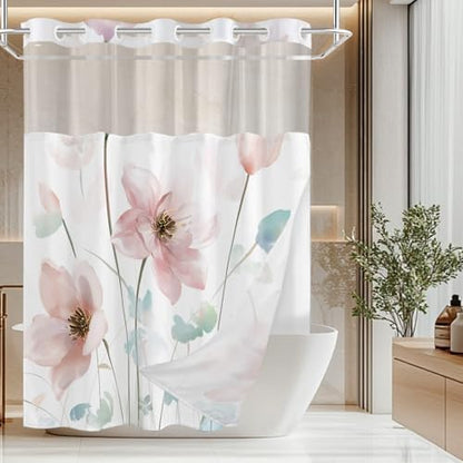No Hook Shower Curtain and Liner Set, Light Pink Boho Floral 71x77