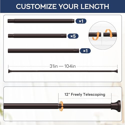 Adjustable Shower Curtain Rod 31-104 Inch, Never Rust Stainless Steel Brown Tension Rod, 1" Heavy Duty No-Drill for Bathroom, Kitchen & Closet
