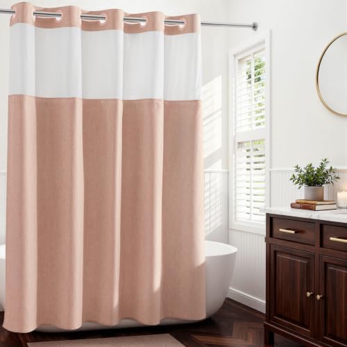 River Dream Linen Textured No Hooks Shower Curtain with Liner,Pink,71x74