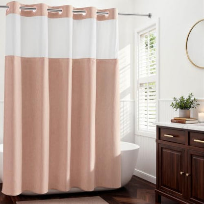 River Dream Linen Textured No Hooks Shower Curtain with Liner,Pink,71x74