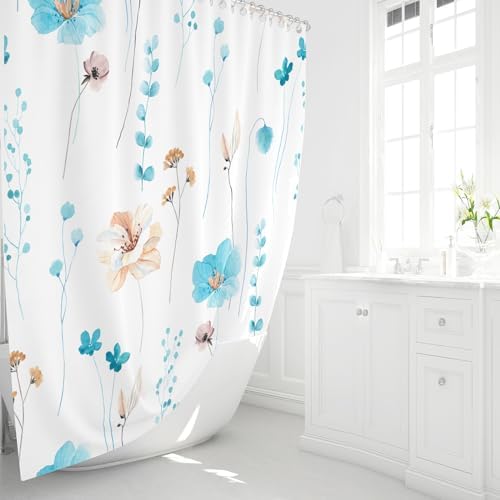 Gibelle Light Blue Beige Watercolor Floral Fabric Shower Curtain, 72x72