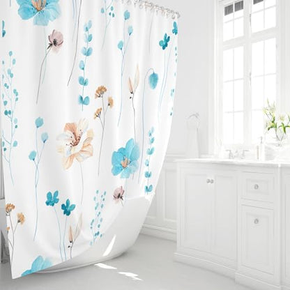 Gibelle Light Blue Beige Watercolor Floral Fabric Shower Curtain, 72x72