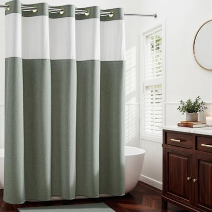 River Dream Linen Textured No Hooks Shower Curtain with Liner,Green,71x74