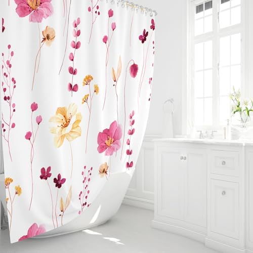 Gibelle Pink Yellow Beige Watercolor Floral Fabric Shower Curtain, 72x72