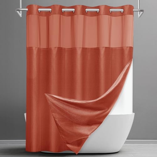 No Hook Waffle Shower Curtain with Snap in Liner Set, 71x74, Burnt Orange