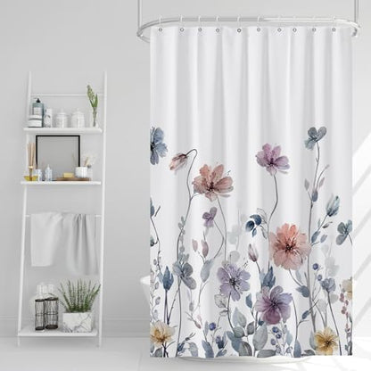 AWERT Wildflower Shower Curtain for Bathroom Watercolor Floral Shower Curtain with Hooks Waterproof Flower Printing Fabric Bathroom 48x72 Inch