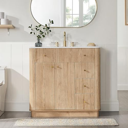 T4TREAM 36" Fluted Bathroom Vanity with Single Sink, Natural Oak