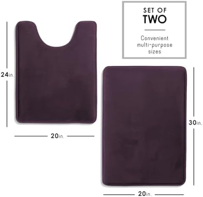 Clara Clark 2 Piece Bathroom Rugs, Velvet Memory Foam Bath Mat Set, Non-Slip Bath Rugs, Machine Wash, Dries Quickly, Ultra Soft Plush Bath Mats for Bathroom, 20 x 32 + Contour, Dark Purple