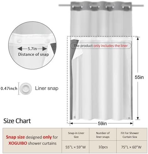 No Hook Shower Curtain Snap-in Fabric Replacement Liner 59" W x 55" L